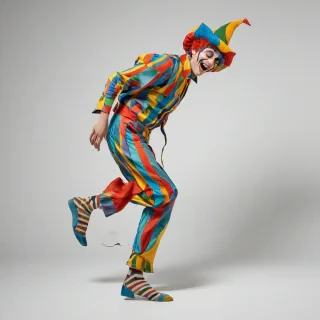 A crazy person, full-body view, wearing a colorful jester hat, standing on a plain white background, with a wide-angle shot, and dynamic shadows, in the style of a digital illustration, with bold lines and bright colors, and a hint of surrealism, feet visible