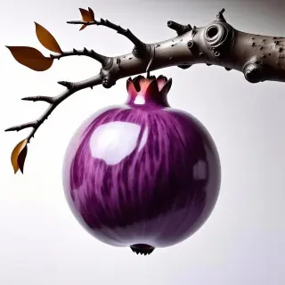 A single, whole, periwinkle-colored pomegranate, with intricate, swirling patterns on its skin, hanging from a branch of a gnarled, ancient tree, set against a plain white background, in a wide shot, with the fruit centered and its entire body visible, in a fantasy realism style, with soft, warm lighting and delicate shadows