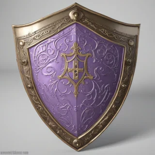 a full-body view of a highly detailed, Violet, medieval shield with intricate engravings and a metallic sheen, on a plain white background, concept art style, with dynamic shadows and a soft, warm lighting, wide-angle shot, on a plain white background, even lighting 