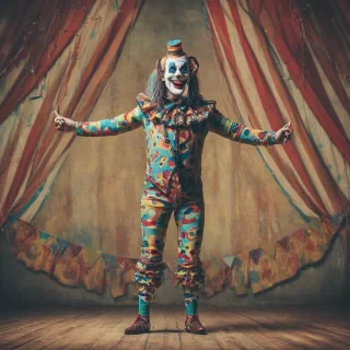 Colorful monster performing at circus, full-body view, creepy circus background
