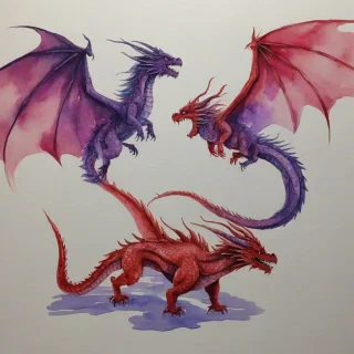 Watercolor two dragons flying, one red, the other one purple