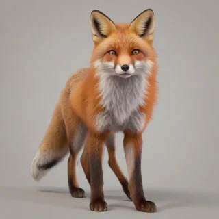 A cute anime style red fox with a pink nose and fluffy tail, full-body view, standing on a plain white background, with a soft, warm lighting and gentle shadows, in a digital art style with bold lines and vibrant colors, feet visible, on a plain white background, even lighting 