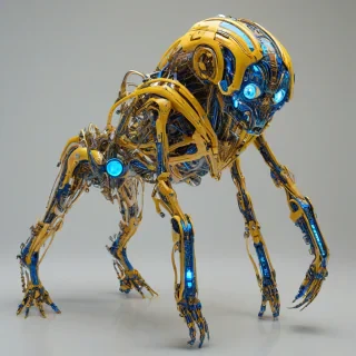 A futuristic, biomechanical creature, Mustard, with a metallic exoskeleton, glowing blue circuits, and sharp, angular limbs, set against a plain white background, in a wide shot, with a sense of dynamic movement, in the style of Afrofuturism, with a blend of traditional African patterns and futuristic, cyberpunk elements, and a bold, vibrant color scheme, on a plain white background, even lighting 