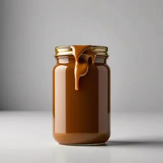 A wide shot of a creamy peanut butter jar with peanut butter dripping off the lid, on a plain white background, with a warm and inviting lighting, in a photography style