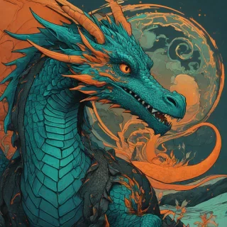 Sam Guay and Beeple art style dragon, using a color scheme of teal and orange with small amounts of black