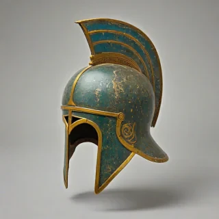 Mycenean Greek helmet, on a plain white background, even lighting