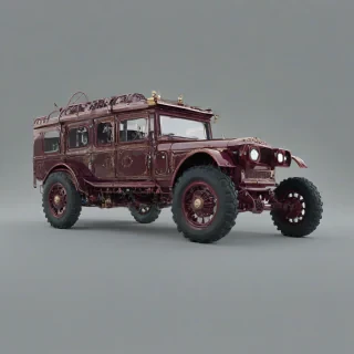 A full-body view of a burgundy rover with intricate gothic details, set against a plain white background, with a wide-angle shot, and dynamic shadows, in a digital art style with a mix of medieval and futuristic elements, with the rover's wheels and machinery visible, and a sense of adventure and exploration in the scene, on a plain white background, even lighting