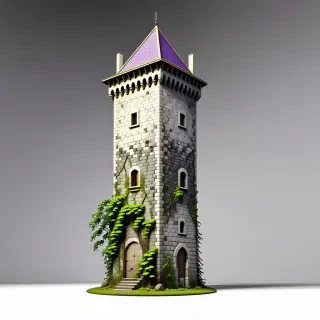 a very tall medieval tower with a purple shingle pointed roof, cobblestone walls, and a lot of ivy and moss at the base