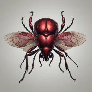 A full-body view of a burgundy-colored insect, such as a beetle or a butterfly, with intricate medieval-inspired details on its wings and body, set against a plain white background, with soft, warm lighting and a slight sense of depth, in the style of a digital illustration with bold lines and vibrant colors, on a plain white background, even lighting