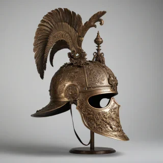 A highly detailed, bronze, Baroque-style helmet, with intricate engravings and ornaments, in a wide shot, full-body view, on a plain white background, with soft, natural lighting and a slight sheen to the metal, on a plain white background, even lighting, on a plain white background, even lighting 