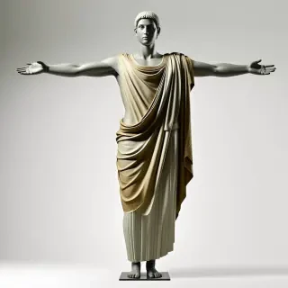 A cloth mannequin in a T-pose wearing an ancient Greek toga