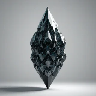 a full-body view, detailed, black, pixel art crystal formation, with intricate geometric patterns, on a plain white background, with a wide-angle shot, and dynamic shadows, on a plain white background, even lighting