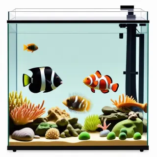 A fish tank with an angel fish, a clown fish, a pufferfish, a sea star, and a few other tropical fish in it.