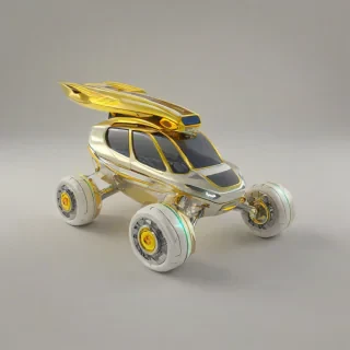 A futuristic rover with a gold metallic body, set against a plain white background, in a wide shot with all wheels visible, incorporating Afrofuturism elements such as vibrant, neon-lit accents and sleek, aerodynamic lines, with a sense of dynamic movement and exploration, in a digital art style with bold brushstrokes and textured details