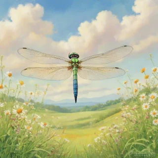 A serene and vibrant Ghibli-style scenery, featuring a full-body view of a majestic dragonfly with iridescent wings, set against a warm and sunny backdrop of a lush green meadow with wildflowers, under a clear blue sky with puffy white clouds, on a plain white background, in a wide shot with the dragonfly's feet visible, with a mix of digital painting and watercolor styles, and a sense of gentle movement and life