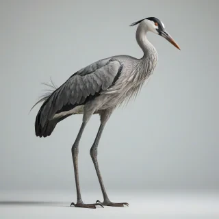 A full-body view of a crane bird with grey and white feathers, standing on a plain white background, with a wide-angle shot, and soft natural lighting in a photorealistic style, on a plain white background, even lighting