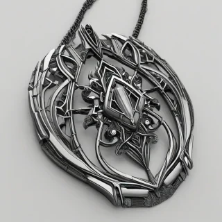 A futuristic, sci-fi inspired charcoal-colored jewelry piece, such as a necklace or pendant, with intricate details and a metallic sheen, on a plain white background, in a wide shot with the entire piece visible, created in a digital art style with bold lines and vibrant textures, on a plain white background, even lighting