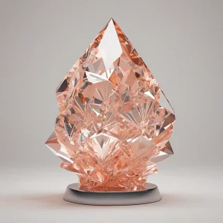 A large, intricate crystal formation in a wide shot, with a salmon-colored hue, set against a plain white background, with industrial-style lighting, highlighting the crystal's sharp edges and faceted surfaces, full-body view, with the crystal's base and peak visible, in a digital art style, with subtle shading and texture, and a sense of depth and dimensionality, on a plain white background, even lighting