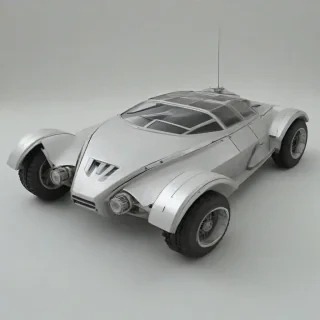 A silver rover with a brutalist architectural style, featuring sharp edges and a geometric shape, set against a plain white background, with a wide shot and the rover's wheels and body fully visible, in a digital art style with a mix of 3D rendering and abstract textures, with a focus on dynamic shadows and a sense of industrial futurism, on a plain white background, even lighting