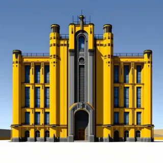 A large, imposing building in the style of Dieselpunk architecture, with a predominantly yellow color scheme, featuring intricate metallic details and a blend of industrial and art deco elements, set against a plain white background, in a wide shot with the entire building visible, including its foundation and surroundings, under a bright, sunny sky with no clouds, with a sense of grandeur and nostalgia, in a digital art style with clean lines and vibrant colors
