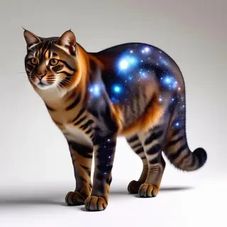 Big cat like creature with fur that looks like a galaxy with a fluffy, but flat tail y