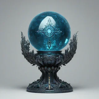 A cursed Azure crystal orb, full-body view, wide shot, pixel art style, with a dark and ominous aura, intricate details, and mystical symbols etched into its surface, on a plain white background, on a plain white background, even lighting