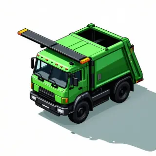 A green trash truck with airplane wings and an open top, in a wide shot with the entire vehicle visible, on a plain white background, with a cartoonish and futuristic illustration style, and dynamic shadows