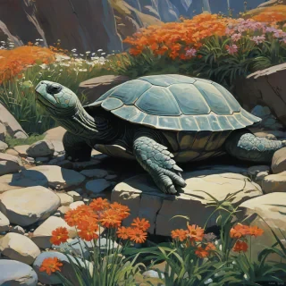 Syd Mead art style close-up of a turtle made of rocks and flowers