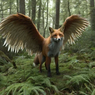 detailed, full-body view of a fox with large, feathered wings in a forest
