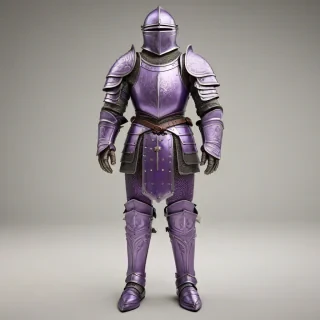 A full-body view of a piece of medieval armor, colored Violet, with intricate engravings and a wide shot, on a plain white background, with a soft, warm lighting and dynamic shadows, in the style of a digital illustration, on a plain white background, even lighting