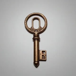 Bronze key, synthwave style, full-body view, on white background