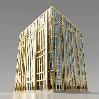 A shiny gold building, in the style of pop art, with bold lines and bright colors, full-body view, wide shot, on a plain white background, with dynamic shadows and a backlight, in a bird’s eye view perspective