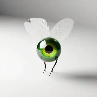 A green flying eyeball with small white feathered wings