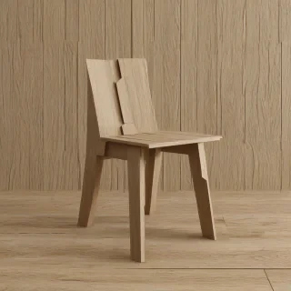 Create an exact 3D model of a modern wooden chair built entirely from flat, thick rectangular oak panels with visible natural wood grain. The design is geometric and monolithic, with perfectly straight 90-degree edges, no curves, no bevels, and no hardware. The structure consists of four vertical board-like legs, a flat rectangular seat panel that visually passes through the front and rear legs, and a box-like upper frame made of two horizontal panels forming the armrest/backrest structure. The backrest is completely vertical with a rectangular open gap between the seat and the upper frame. All panels share the same thickness, and the wood grain runs vertically on legs and horizontally on the seat and backrest frame. The chair must preserve its blocky, architectural aesthetic, clean joinery, and exact proportions as described., on a plain white background, even lighting