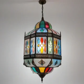 A Moroccan shaped glass chandelier, with intricate cutouts and colorful glass panels, hanging from the ceiling in a wide shot, with a plain white background, in a realistic style with vibrant colors, full-body view of the chandelier, including the chain and ceiling mount,, on a plain white background, even lighting