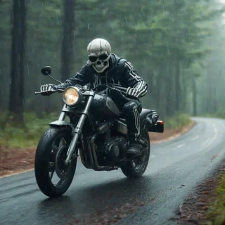 A skeleton riding a cool looking motorcycle at full speed, forest road, slight rain drizzle, blurred effect, digital art style