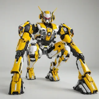 A full-body view of a brightly colored, Pop Art style mech suit, with a dominant mustard yellow color scheme, bold black outlines, and vibrant, graphic details, set against a plain white background, with dynamic shadows and a sense of movement, in a wide-angle shot, with the mech suit's feet visible, on a plain white background, even lighting