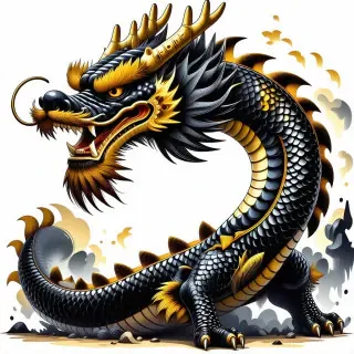 An anime Chinese dragon with black and gold speckled scales. It has yellow eyes and golden horns.