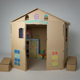 kid's playhouse made from cardboard boxes, on a plain white background, even lighting