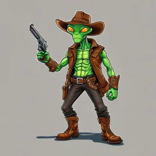 Hand- drawn cartoon style green alien wearing leather cowboy vest, brown leather boots, brown cowboy hat, gun and holster, with bold lines, vivid colors, bright lighting, no background, on a plain white background, even lighting