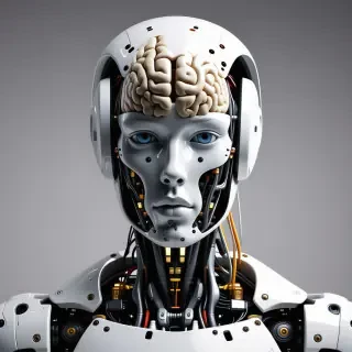 A humanoid robot a with sleek white exterior and a face made out of clear glass that shows a human brain connected to several wires encased inside the robot's face.