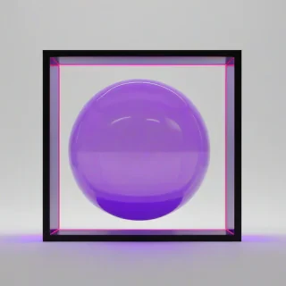 neon lilac sphere with a square frame around it, on a plain white background, even lighting