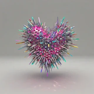 3d metallic pink heart with multi colored metal spikes going around the perimeter of the heart, bright lighting, on a plain white background, even lighting