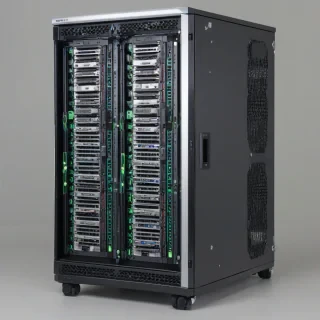 Ultra-photorealistic 42U APC NetShelter SX server rack, black metal frame, loaded with Dell PowerEdge & HPE ProLiant servers, crystal-clear front bezels, handles, blinking LEDs, cables, 45° front view, plain white background