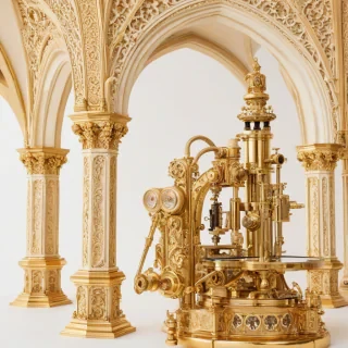 A vintage, gold-plated, scientific equipment, such as a microscope or telescope, with intricate Gothic architectural details, including arches and gargoyles, in a wide shot, with the entire equipment visible, on a plain white background, with a warm, soft lighting and a slight glow effect to emphasize the gold plating, on a plain white background, even lighting 