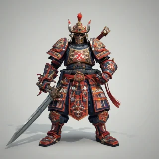 Low poly fire samurai, cartoony hd-pixelated, feudal Japan with WH40K elements, sword aligned with arm, plain white background