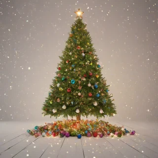 A majestic Christmas tree, full-body view, with vibrant green branches, adorned with colorful ornaments, twinkling lights, and a sparkling star on top, set against a plain white background, in a wide shot, with a warm and cozy atmosphere, in the style of a digital illustration