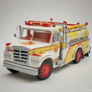 A detailed, full-body view, plastic toy fire truck with red and yellow colors, on a plain white background, with a wide-angle shot, and dynamic lighting, in a digital art style