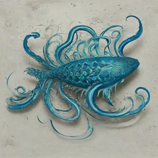 A full-body view of a vibrant, azure-colored sea creature, with intricate, swirling patterns on its body, set against a plain white background, in a grunge art style, with bold brushstrokes and textured details, and a sense of dynamic movement, as if it's swimming through the water, on a plain white background, even lighting