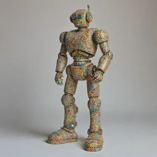 Robot in pointillism style painting, full-body view, on white background